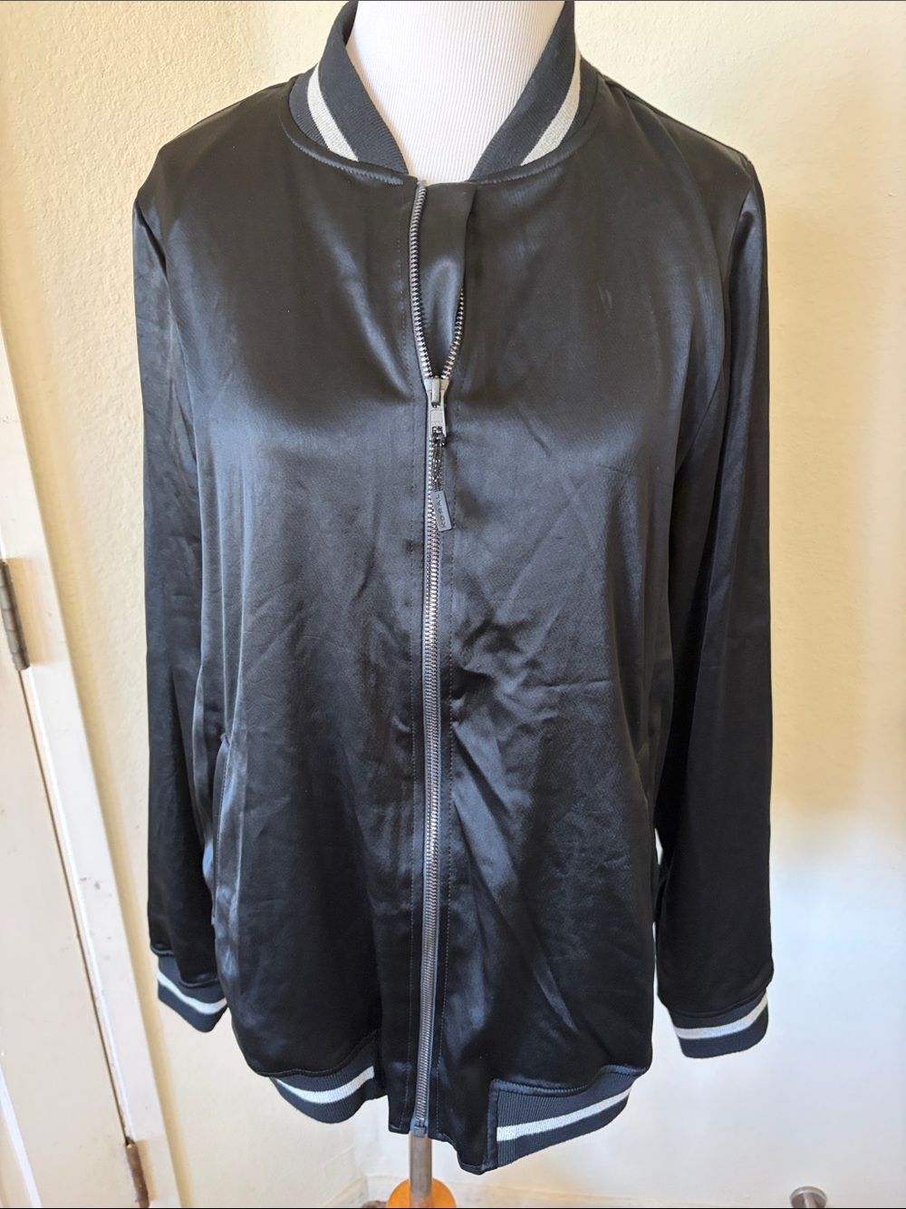 Korbal Black Satin Bomber Jacket with Contrast Trim